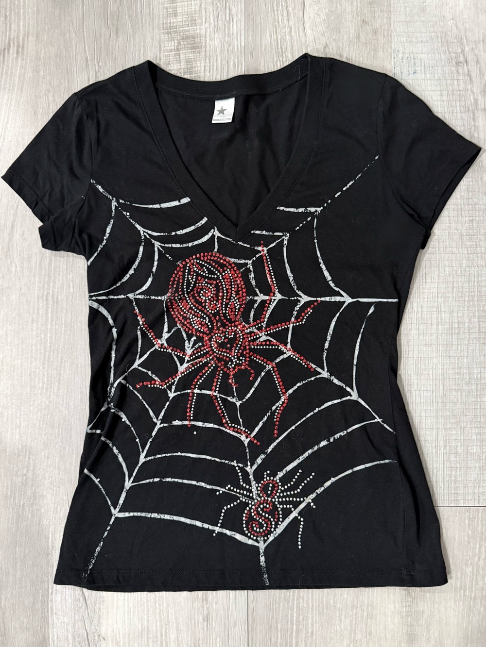 Goth Y2K Black V-Neck Short Sleeve Rhinestone Spider Web Graphic Tee, Size XL